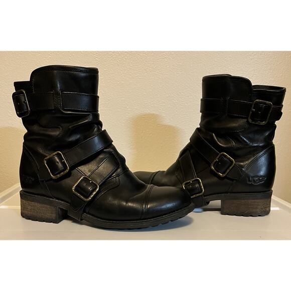 UGG Finney Black Leather Boots Womens Sz 7 Motorcycle Biker Harness Riding - Picture 1 of 11